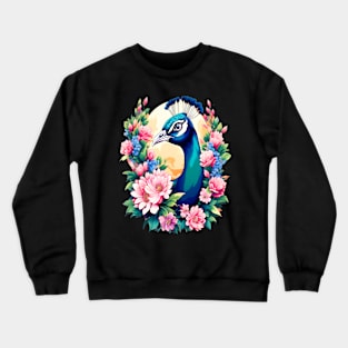 A Cute Peacock Surrounded by Bold Vibrant Spring Flowers Crewneck Sweatshirt